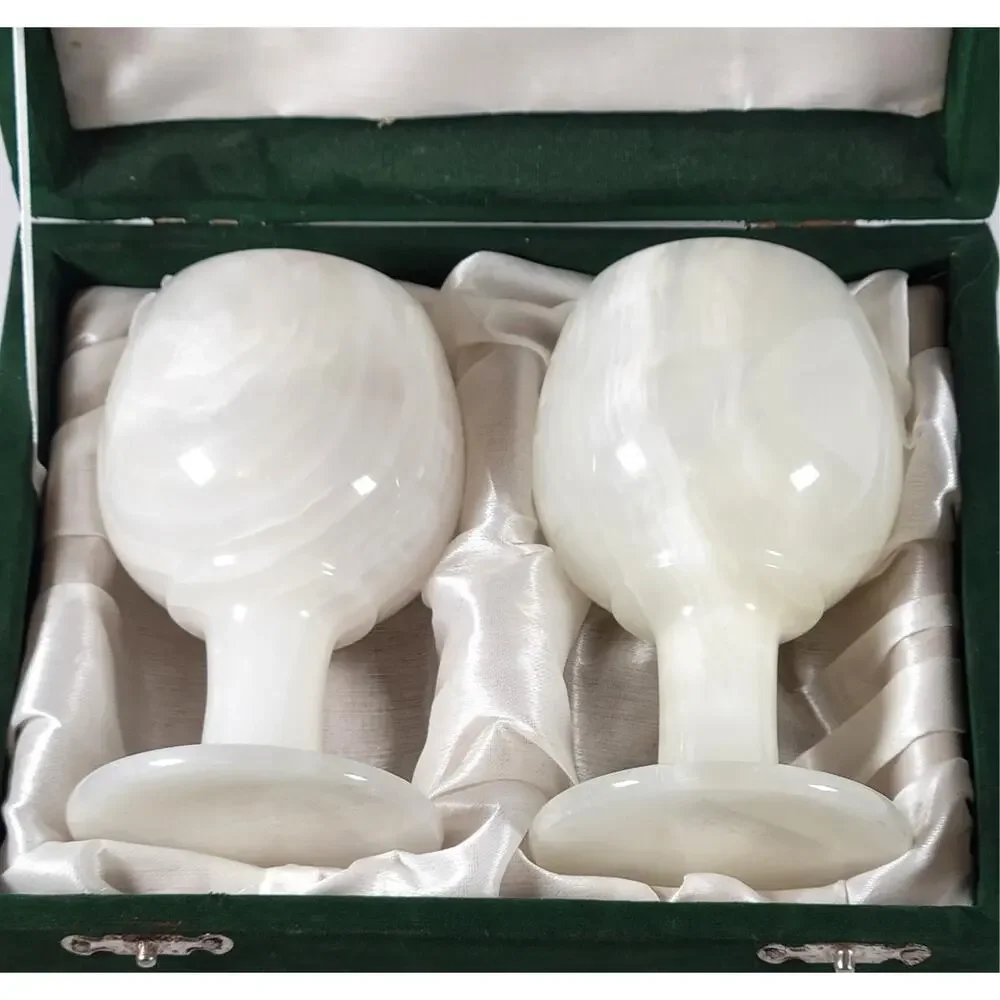 Set of 2 White Marble Goblets with Green Display Box - 5